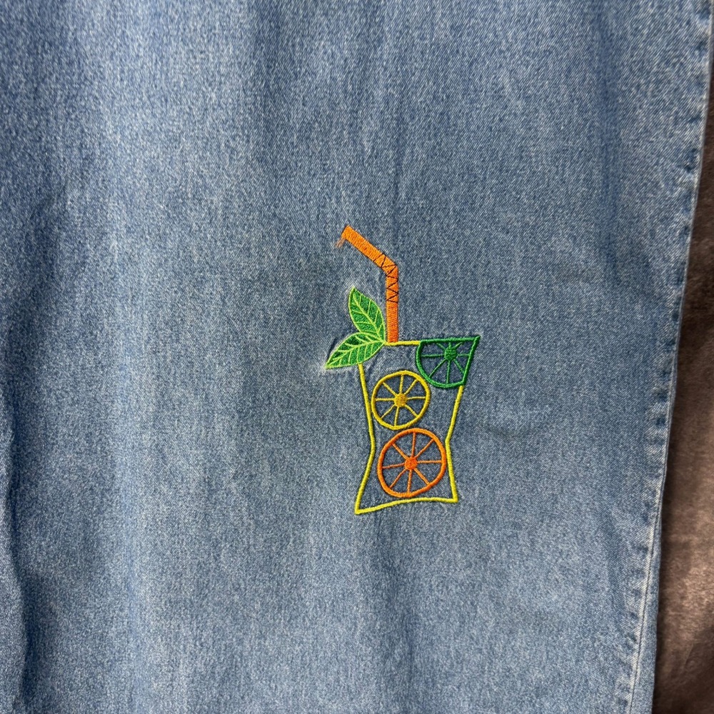 Y2K CB Casual Denim Midi Dress Size PL Orange Lemonade Citrus Embroidered Modest - Picture 4 of 11